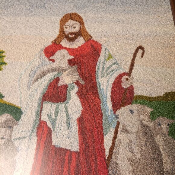 VTG Jesus THE SHEPERD Cross Stitch Wood Frame TAPESTRY RELIGIOUS WALL DECOR - Picture 2 of 10